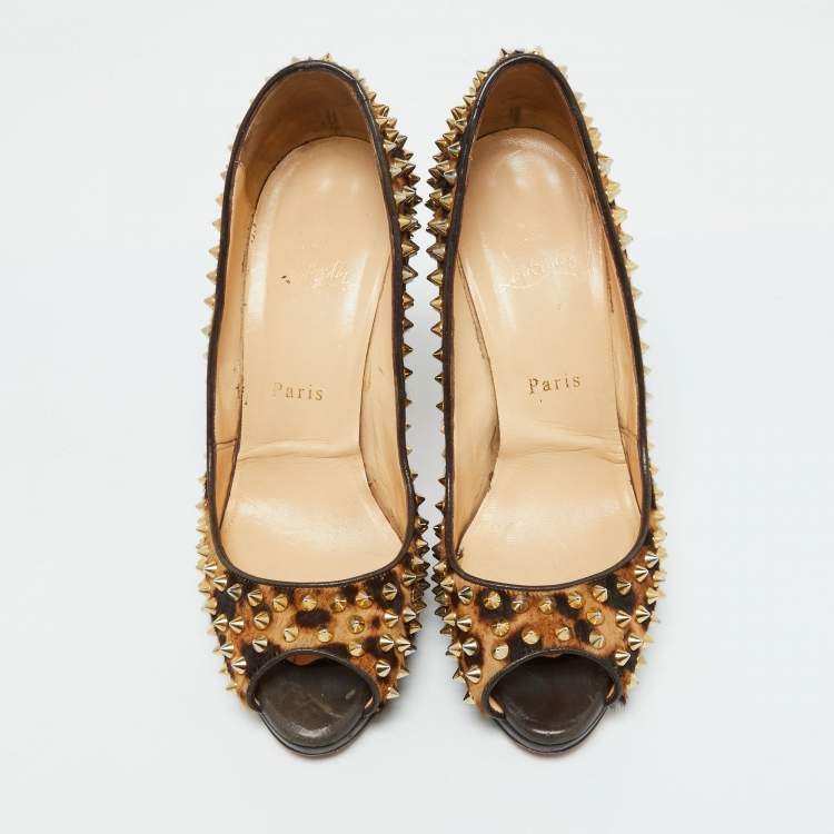 Pre Owned Christian Louboutin Leopard Print Calf Hair Yolanda Spikes Peep Toe Pumps Size 39