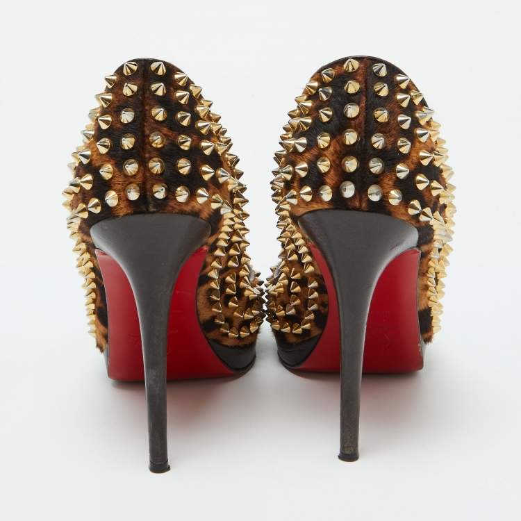 Pre Owned Christian Louboutin Leopard Print Calf Hair Yolanda Spikes Peep Toe Pumps Size 39