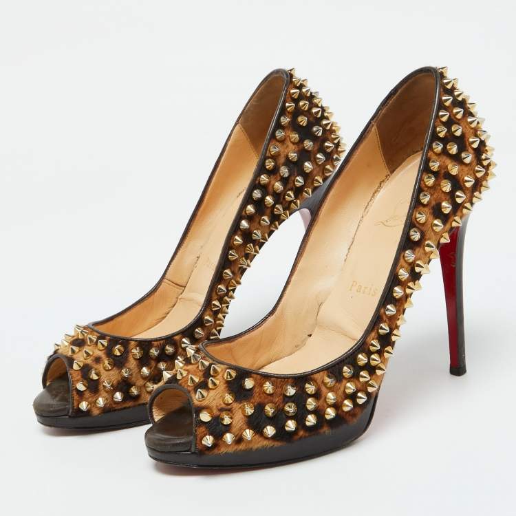 Pre Owned Christian Louboutin Leopard Print Calf Hair Yolanda Spikes Peep Toe Pumps Size 39