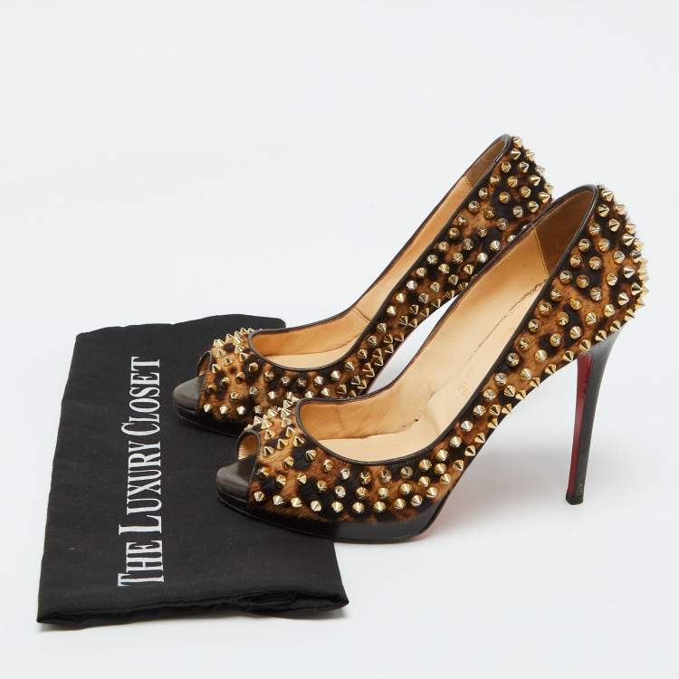 Pre Owned Christian Louboutin Leopard Print Calf Hair Yolanda Spikes Peep Toe Pumps Size 39