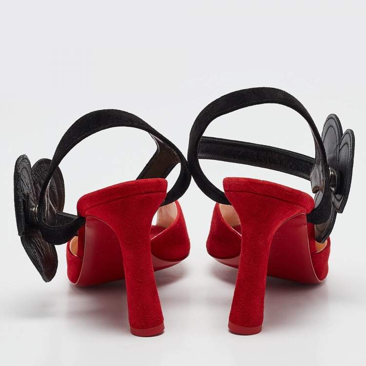 Pre Owned Christian Louboutin Red Suede Peep Toe Slingback Pumps Size 38