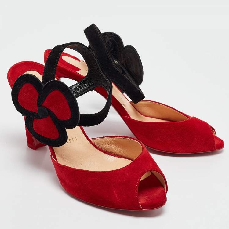 Pre Owned Christian Louboutin Red Suede Peep Toe Slingback Pumps Size 38
