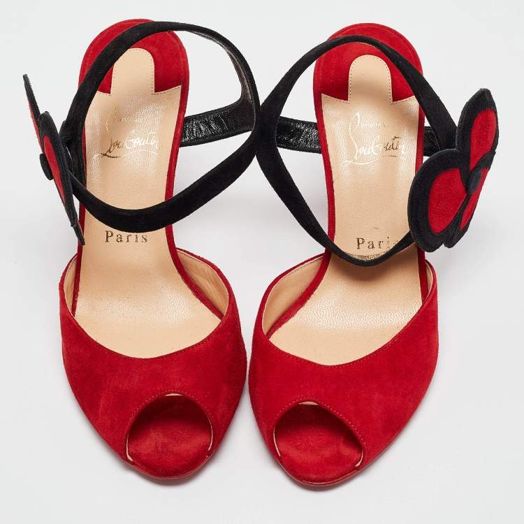 Pre Owned Christian Louboutin Red Suede Peep Toe Slingback Pumps Size 38