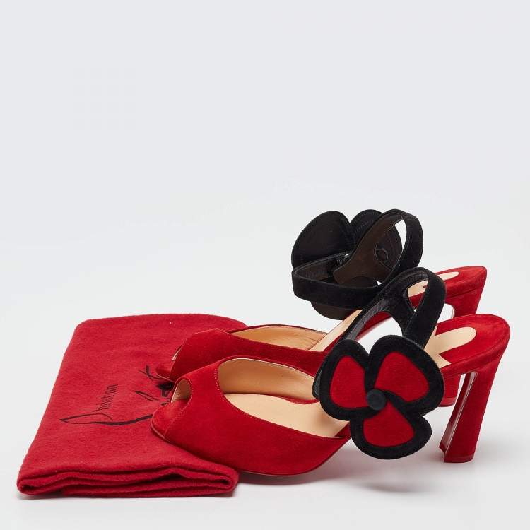 Pre Owned Christian Louboutin Red Suede Peep Toe Slingback Pumps Size 38