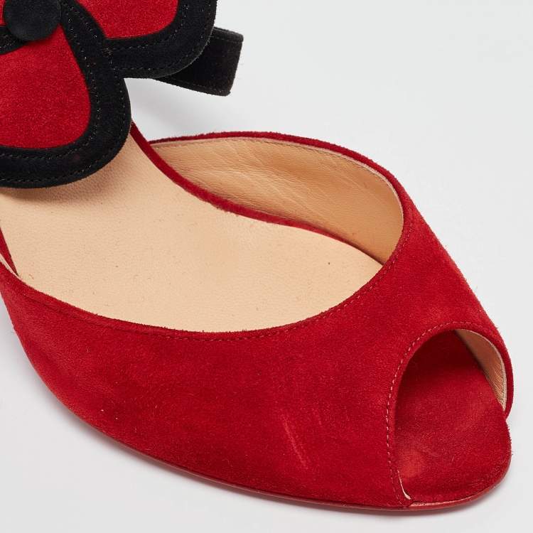 Pre Owned Christian Louboutin Red Suede Peep Toe Slingback Pumps Size 38