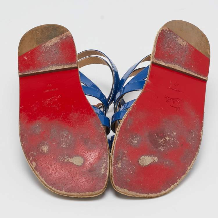 Pre Owned Christian Louboutin Blue/Brown Patent Leather Caged Espadrille Flat Sandals Size 40