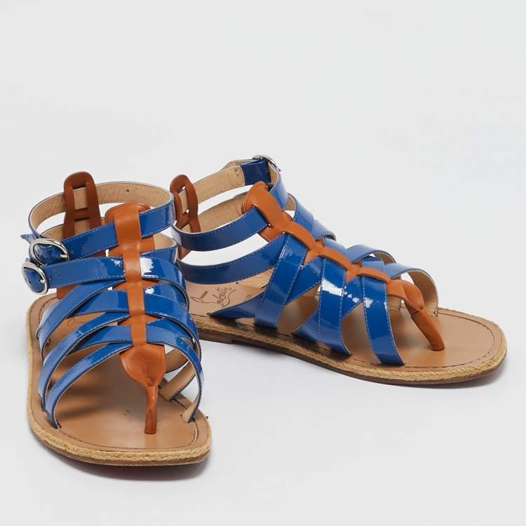 Pre Owned Christian Louboutin Blue/Brown Patent Leather Caged Espadrille Flat Sandals Size 40