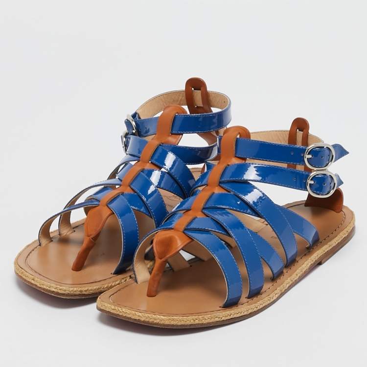 Pre Owned Christian Louboutin Blue/Brown Patent Leather Caged Espadrille Flat Sandals Size 40