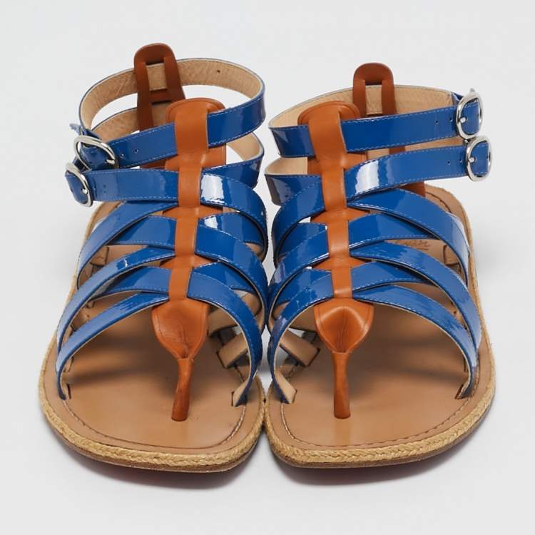 Pre Owned Christian Louboutin Blue/Brown Patent Leather Caged Espadrille Flat Sandals Size 40