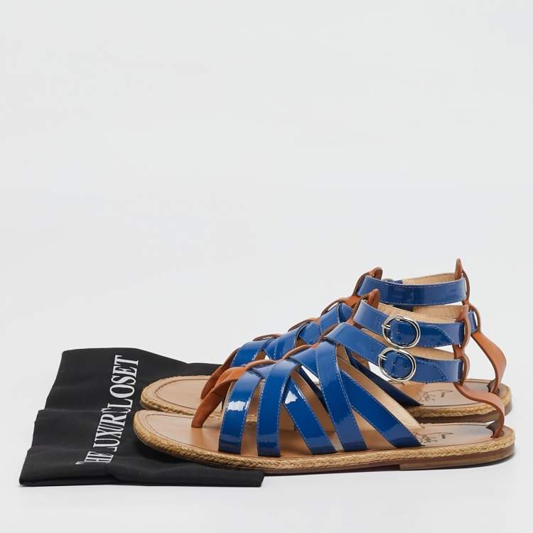 Pre Owned Christian Louboutin Blue/Brown Patent Leather Caged Espadrille Flat Sandals Size 40