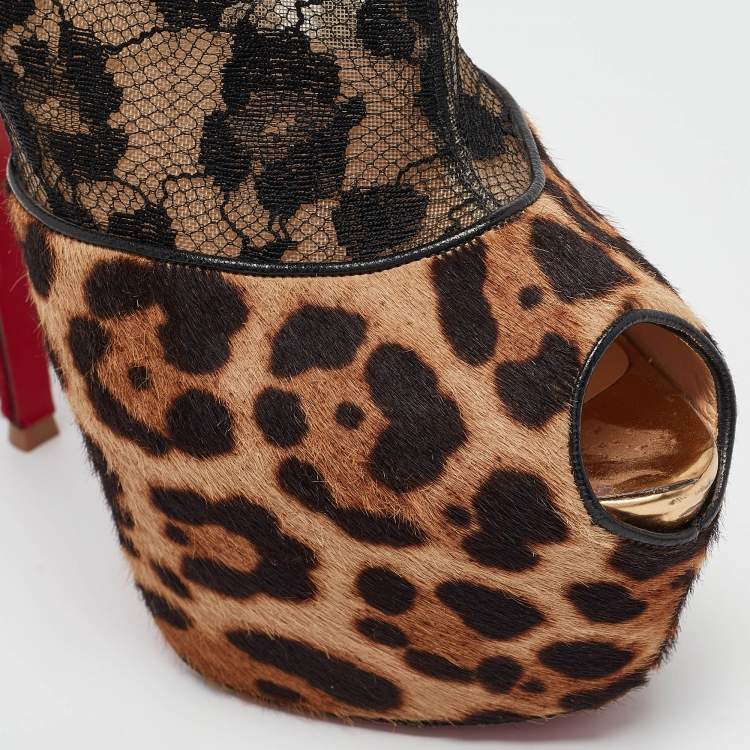 Pre Owned Christian Louboutin Multicolor Calf Hair and Lace Aeronotoc Booties Size 38.5