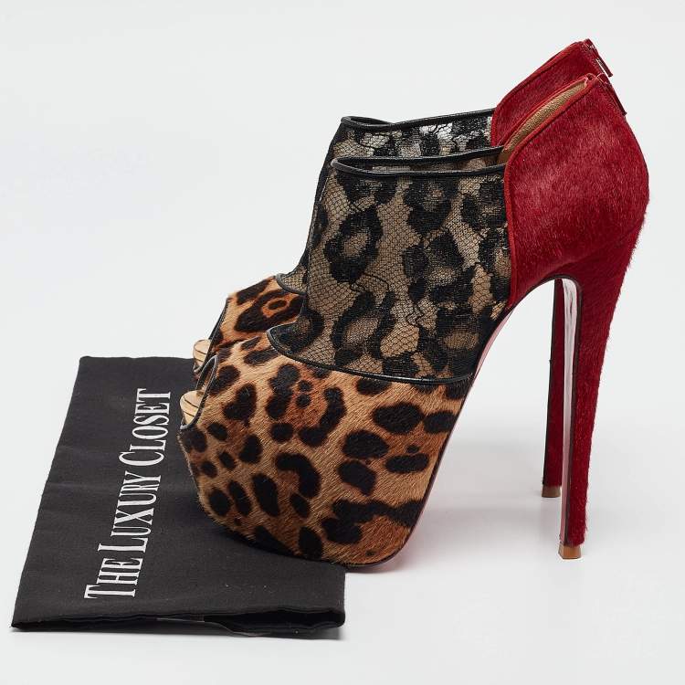 Pre Owned Christian Louboutin Multicolor Calf Hair and Lace Aeronotoc Booties Size 38.5