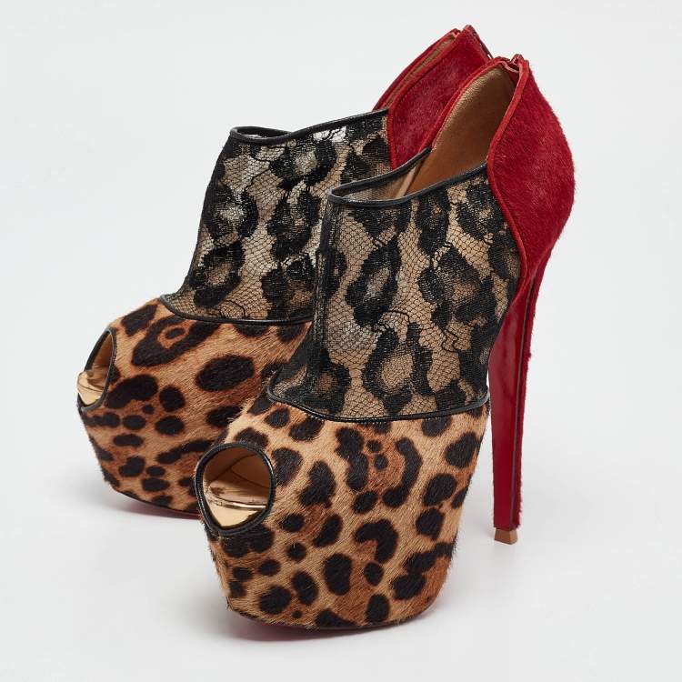 Pre Owned Christian Louboutin Multicolor Calf Hair and Lace Aeronotoc Booties Size 38.5