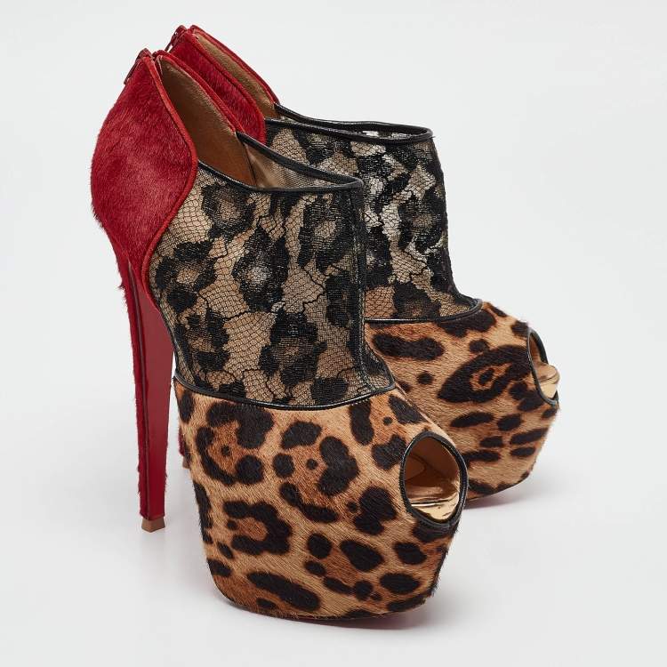 Pre Owned Christian Louboutin Multicolor Calf Hair and Lace Aeronotoc Booties Size 38.5