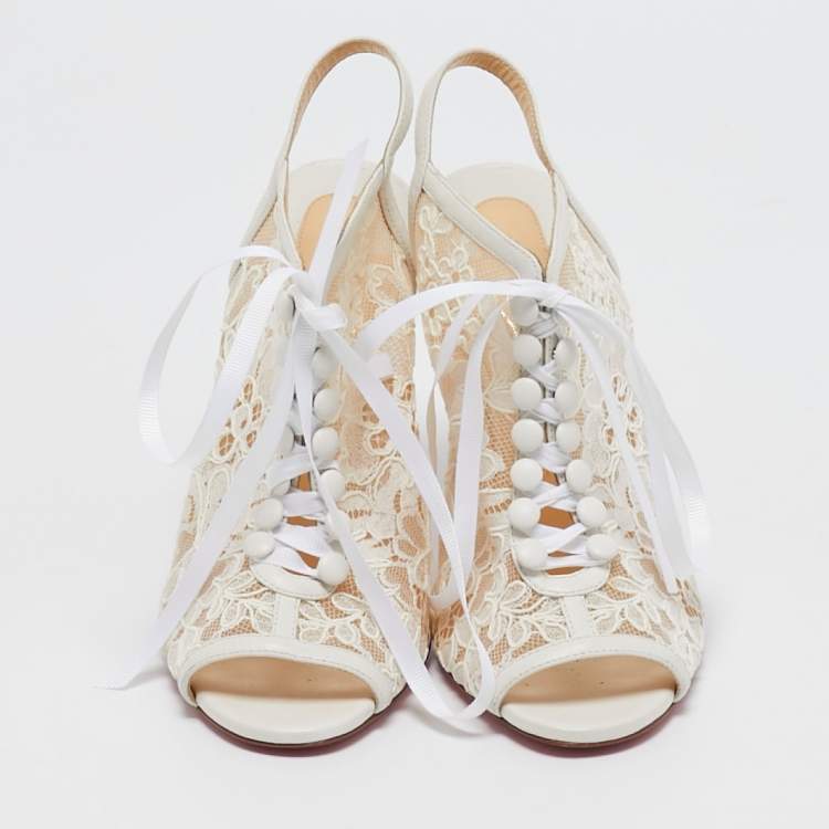 Pre Owned Christian Louboutin White Lace Mariee A Colmar Slingback Sandals Size 36.5
