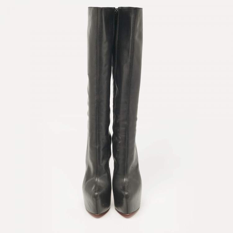 Pre Owned Christian Louboutin Black Leather Knee Length Boots Size 38.5