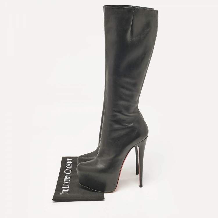 Pre Owned Christian Louboutin Black Leather Knee Length Boots Size 38.5