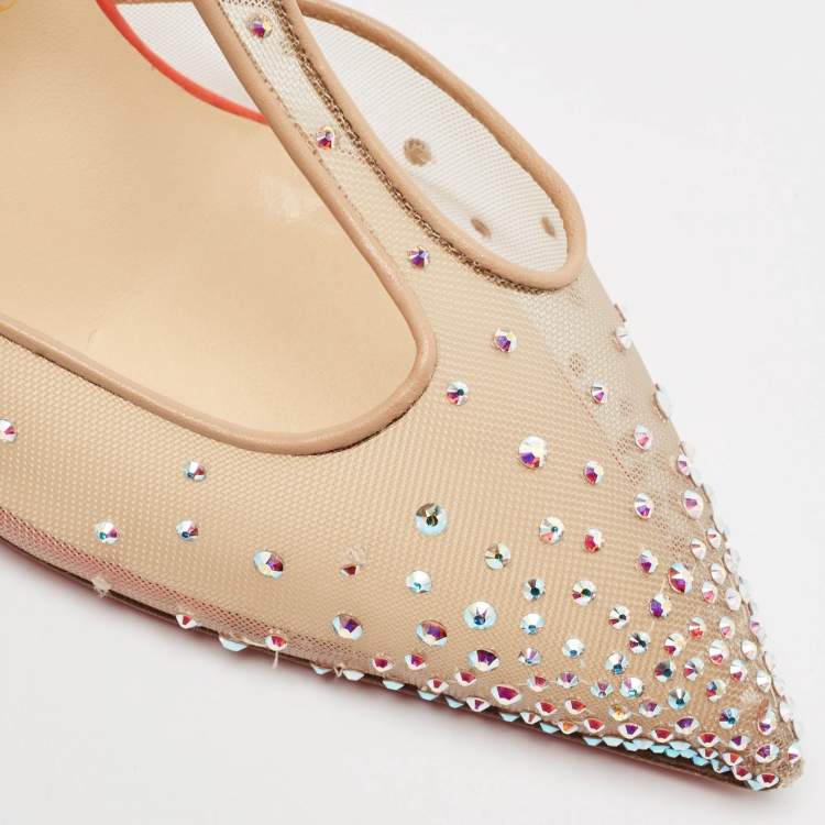 Pre Owned Christian Louboutin Beige/Orange Embellished Mesh and Patent Leather Salopatina Pumps Size 39.5