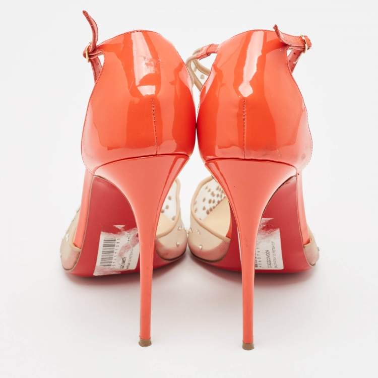 Pre Owned Christian Louboutin Beige/Orange Embellished Mesh and Patent Leather Salopatina Pumps Size 39.5