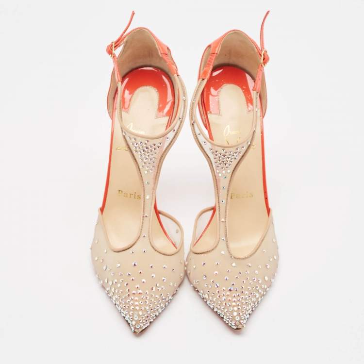 Pre Owned Christian Louboutin Beige/Orange Embellished Mesh and Patent Leather Salopatina Pumps Size 39.5