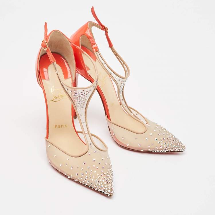 Pre Owned Christian Louboutin Beige/Orange Embellished Mesh and Patent Leather Salopatina Pumps Size 39.5