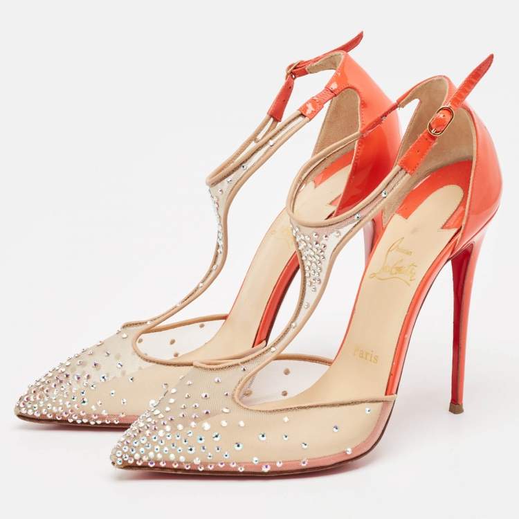 Pre Owned Christian Louboutin Beige/Orange Embellished Mesh and Patent Leather Salopatina Pumps Size 39.5