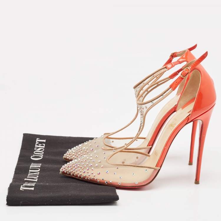 Pre Owned Christian Louboutin Beige/Orange Embellished Mesh and Patent Leather Salopatina Pumps Size 39.5