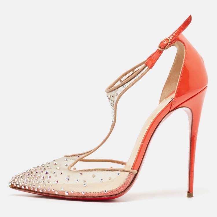 Pre Owned Christian Louboutin Beige/Orange Embellished Mesh and Patent Leather Salopatina Pumps Size 39.5