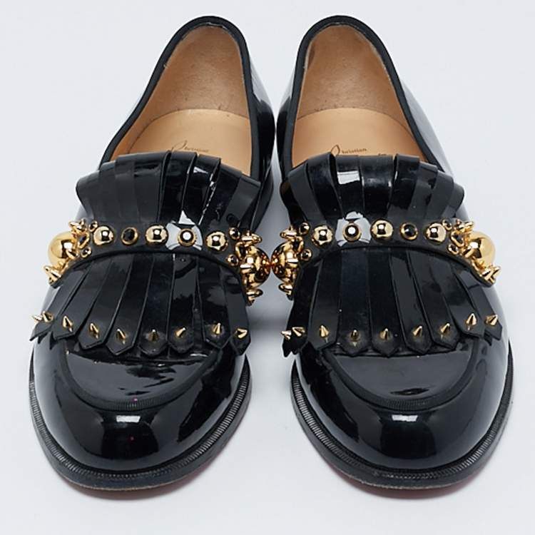 Pre Owned Christian Louboutin Black Patent Leather Octavian Bolla Fringe Loafers Size 40
