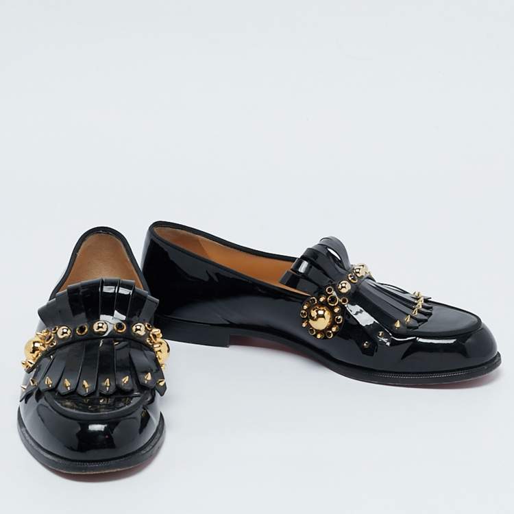Pre Owned Christian Louboutin Black Patent Leather Octavian Bolla Fringe Loafers Size 40