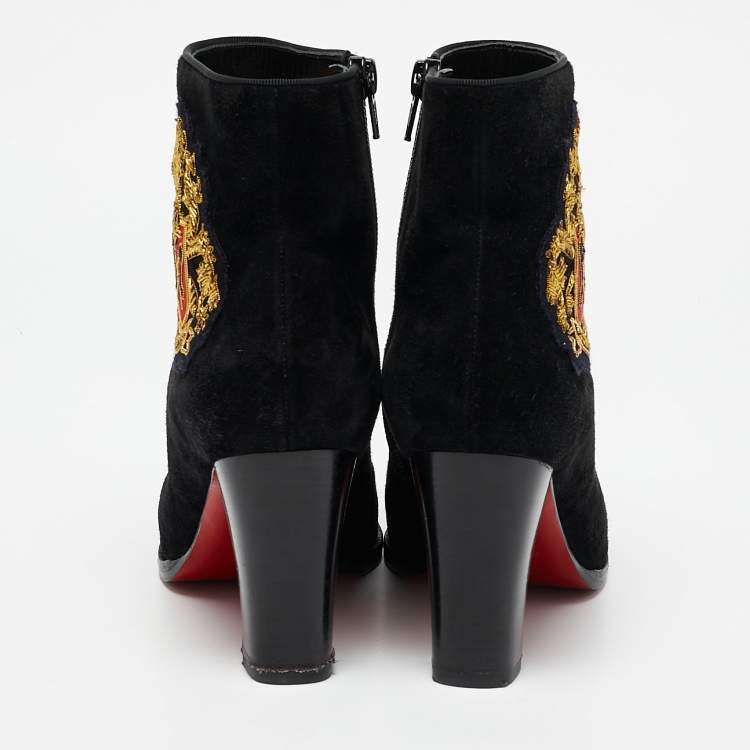 Pre Owned Christian Louboutin Black Suede Embroidered Patch Collegissima Ankle Boots Size 36.5
