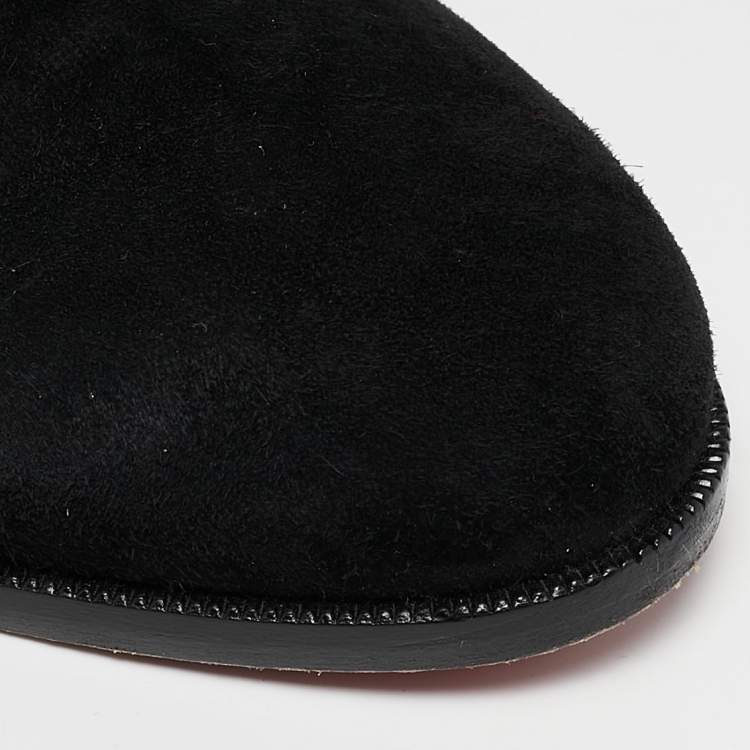 Pre Owned Christian Louboutin Black Suede Embroidered Patch Collegissima Ankle Boots Size 36.5