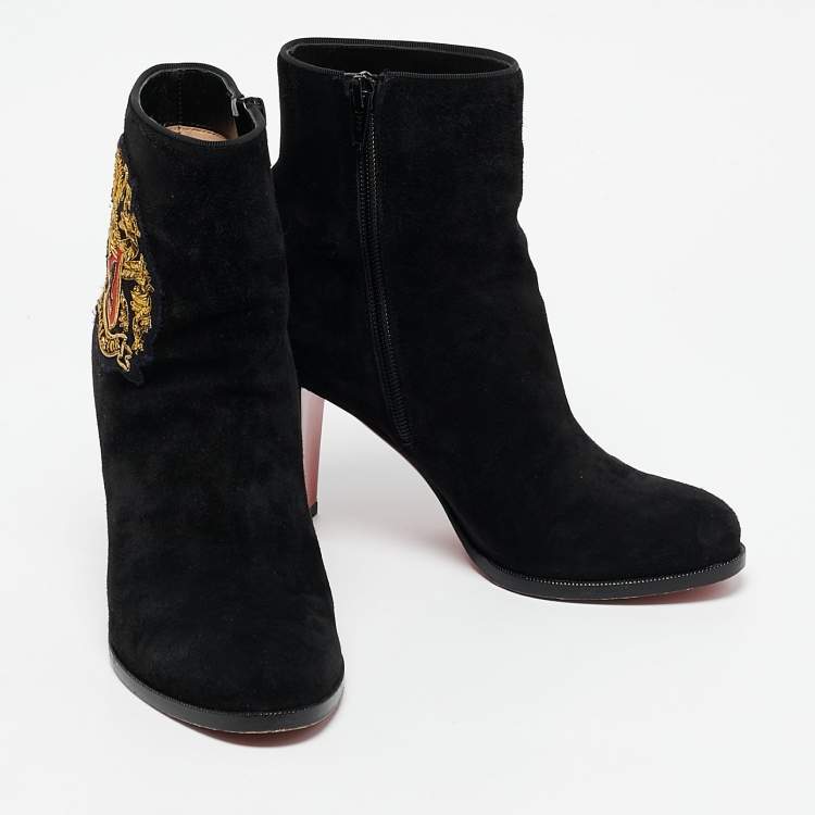 Pre Owned Christian Louboutin Black Suede Embroidered Patch Collegissima Ankle Boots Size 36.5