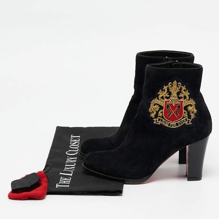 Pre Owned Christian Louboutin Black Suede Embroidered Patch Collegissima Ankle Boots Size 36.5