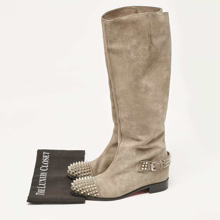 Pre Owned Christian Louboutin Grey Suede Egoutina Spikes Boots Size 40