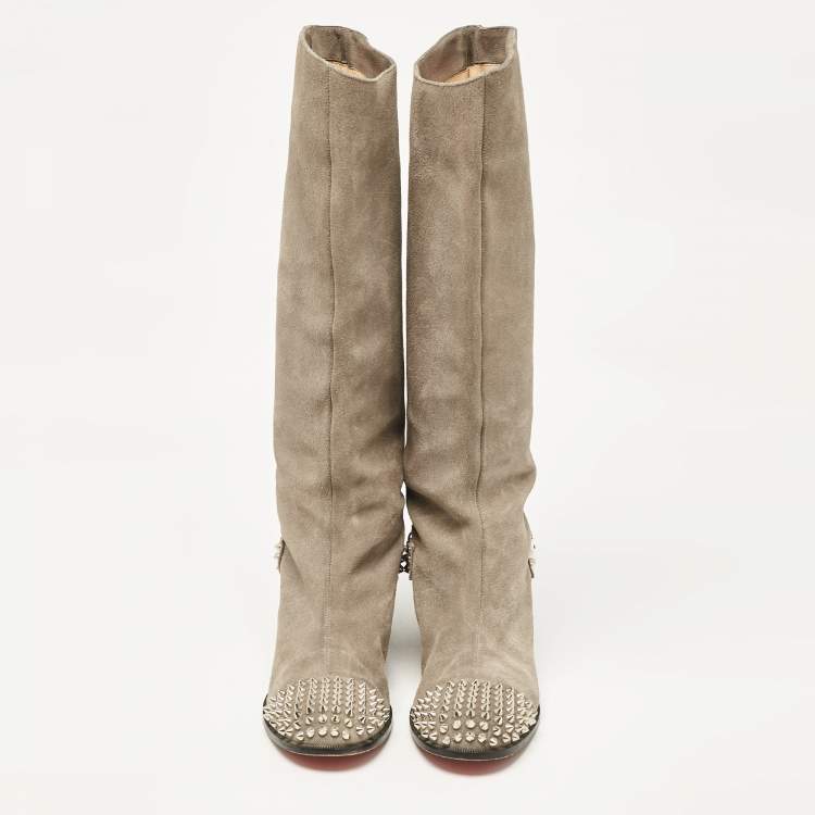 Pre Owned Christian Louboutin Grey Suede Egoutina Spikes Boots Size 40