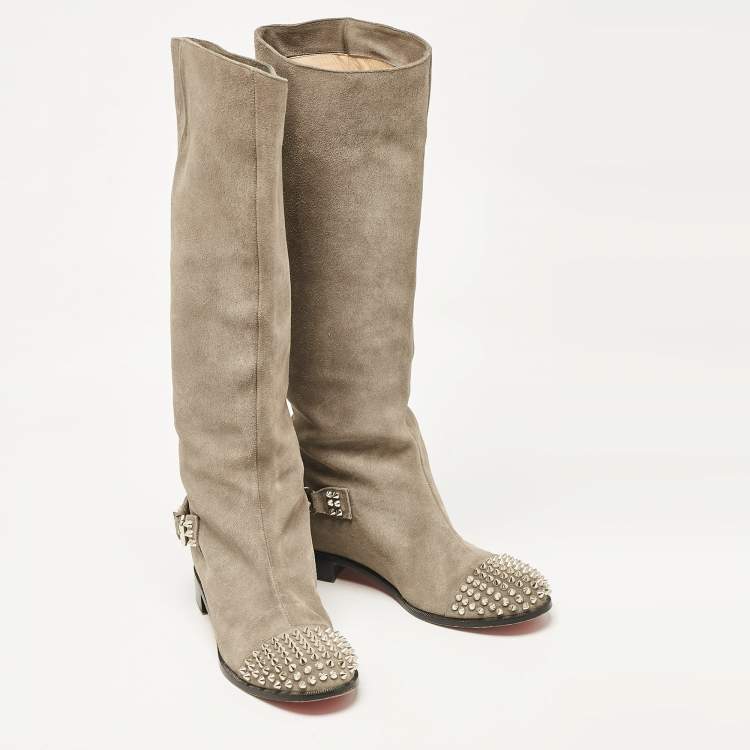 Pre Owned Christian Louboutin Grey Suede Egoutina Spikes Boots Size 40