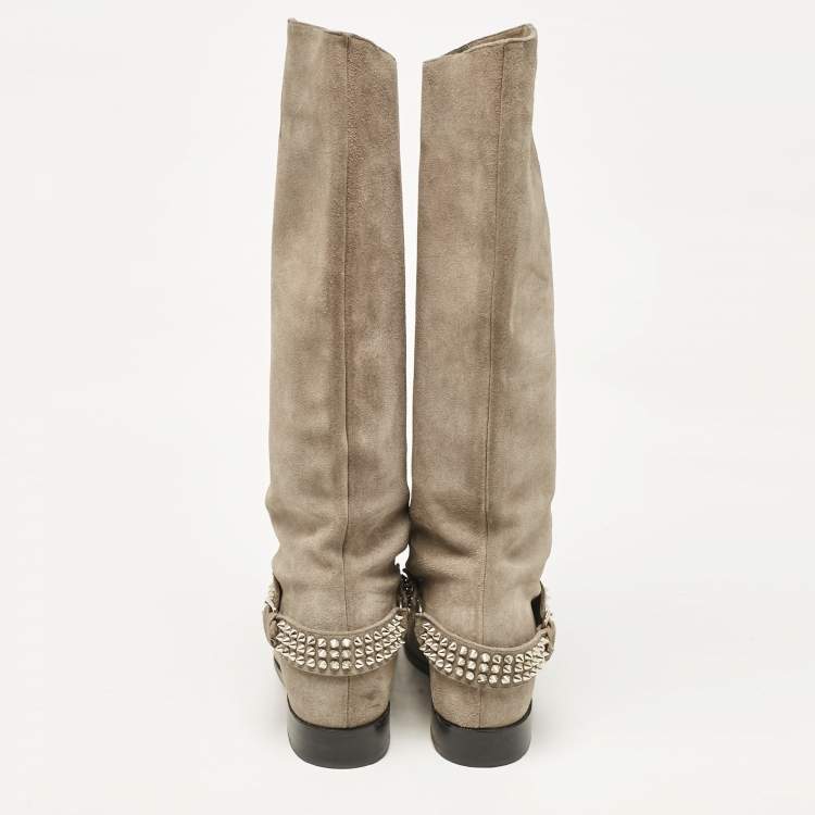 Pre Owned Christian Louboutin Grey Suede Egoutina Spikes Boots Size 40