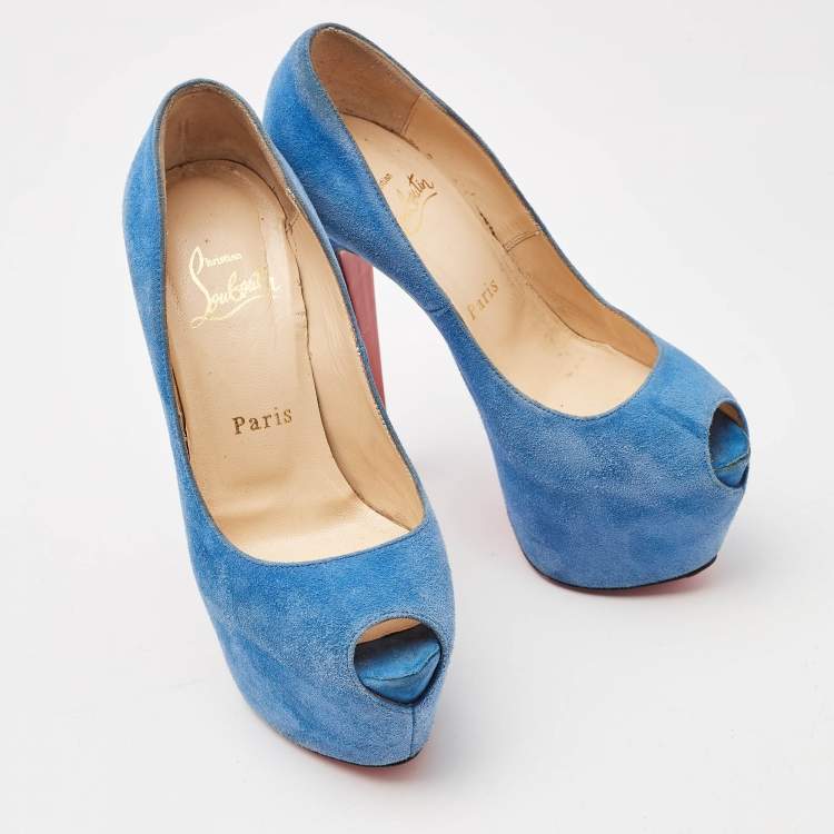 Pre Owned Christian Louboutin Blue Suede Highness Platform Pumps Size 35
