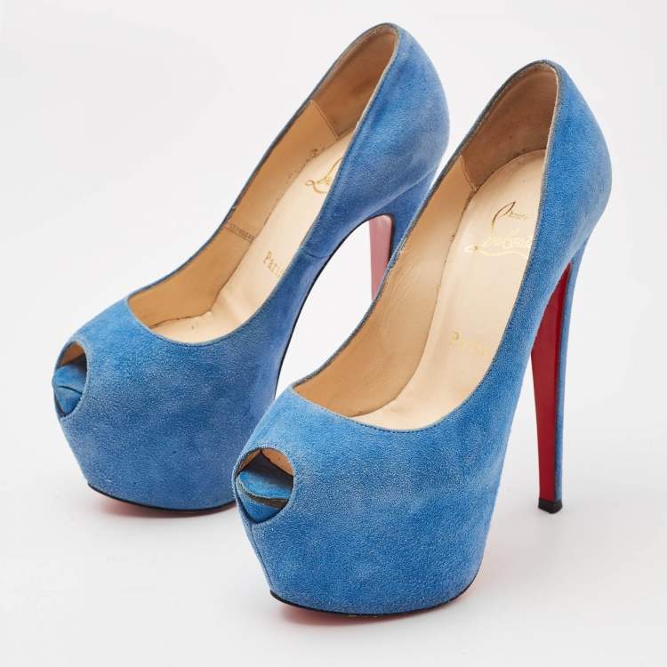Pre Owned Christian Louboutin Blue Suede Highness Platform Pumps Size 35