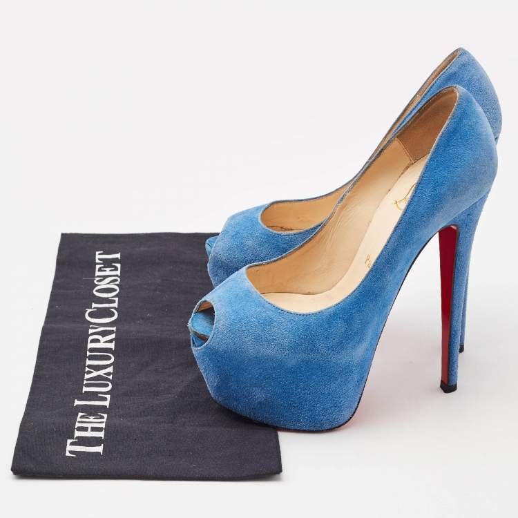 Pre Owned Christian Louboutin Blue Suede Highness Platform Pumps Size 35
