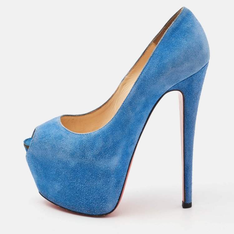Pre Owned Christian Louboutin Blue Suede Highness Platform Pumps Size 35