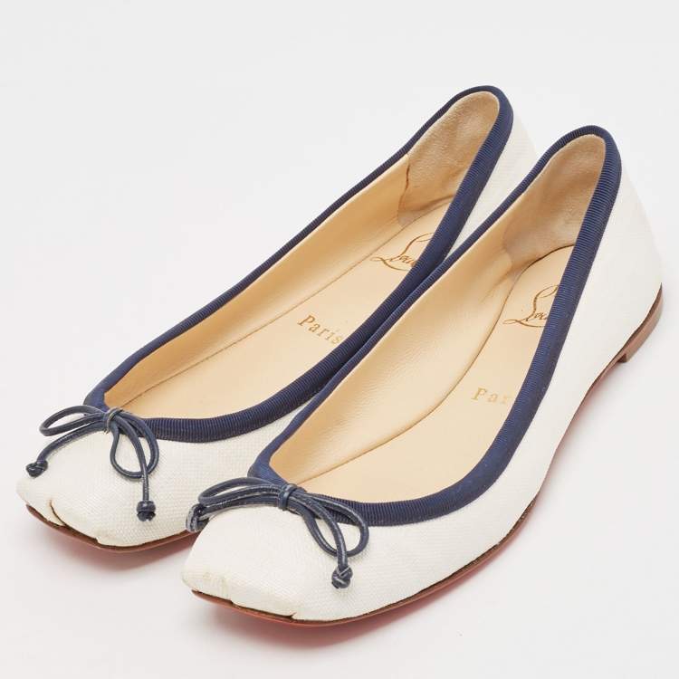 Pre Owned Christian Louboutin White/Blue Coated Raffia Ballet Flats Size 37