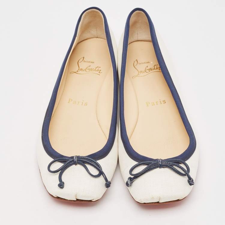 Pre Owned Christian Louboutin White/Blue Coated Raffia Ballet Flats Size 37
