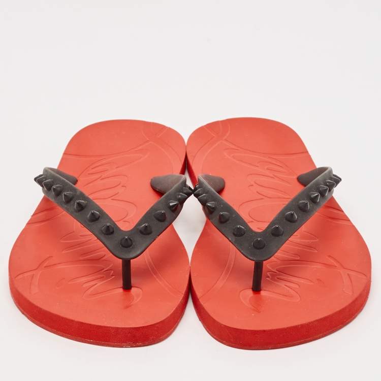 Pre Owned Christian Louboutin Black/Red Rubber Loubi Flip Thong Flat Slides Size 41