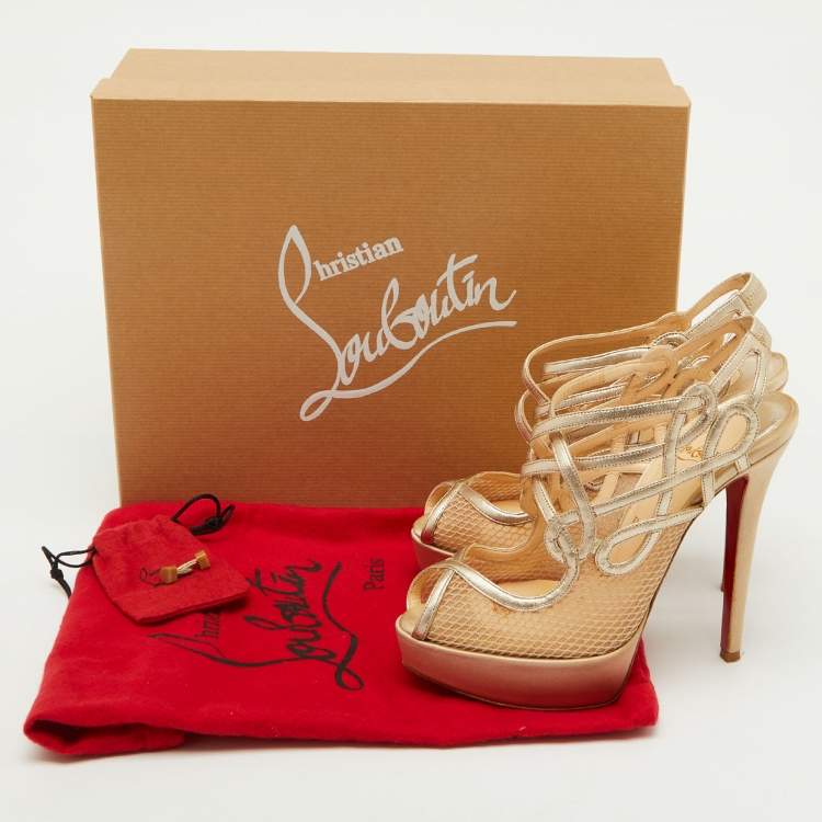 Pre Owned Christian Louboutin Beige/Gold Mesh and Leather Slingback Platform Sandals Size 36.5