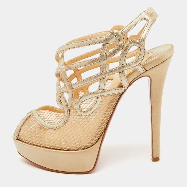 Pre Owned Christian Louboutin Beige/Gold Mesh and Leather Slingback Platform Sandals Size 36.5
