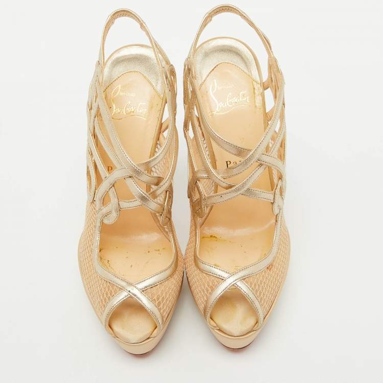 Pre Owned Christian Louboutin Beige/Gold Mesh and Leather Slingback Platform Sandals Size 36.5
