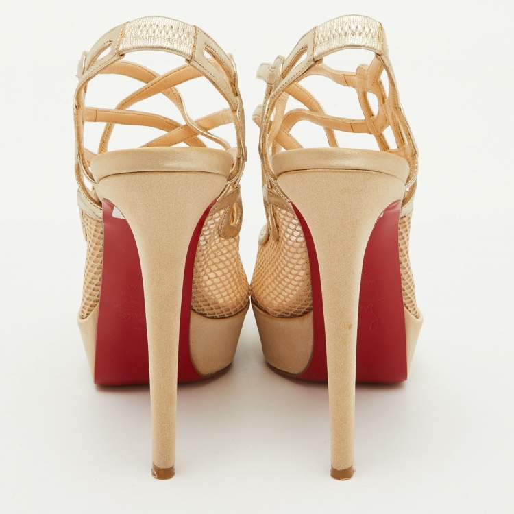 Pre Owned Christian Louboutin Beige/Gold Mesh and Leather Slingback Platform Sandals Size 36.5