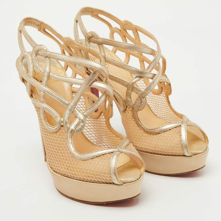 Pre Owned Christian Louboutin Beige/Gold Mesh and Leather Slingback Platform Sandals Size 36.5